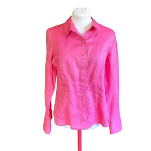 Carole Little Linen‎ Pink Button-up Long Sleeve Blouse with Cutouts, Size Medium
